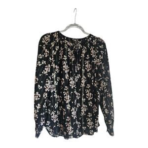 LOFT Womens M Blouse Black Floral Gold Thread S/S Semi Sheer Self Tie Neck